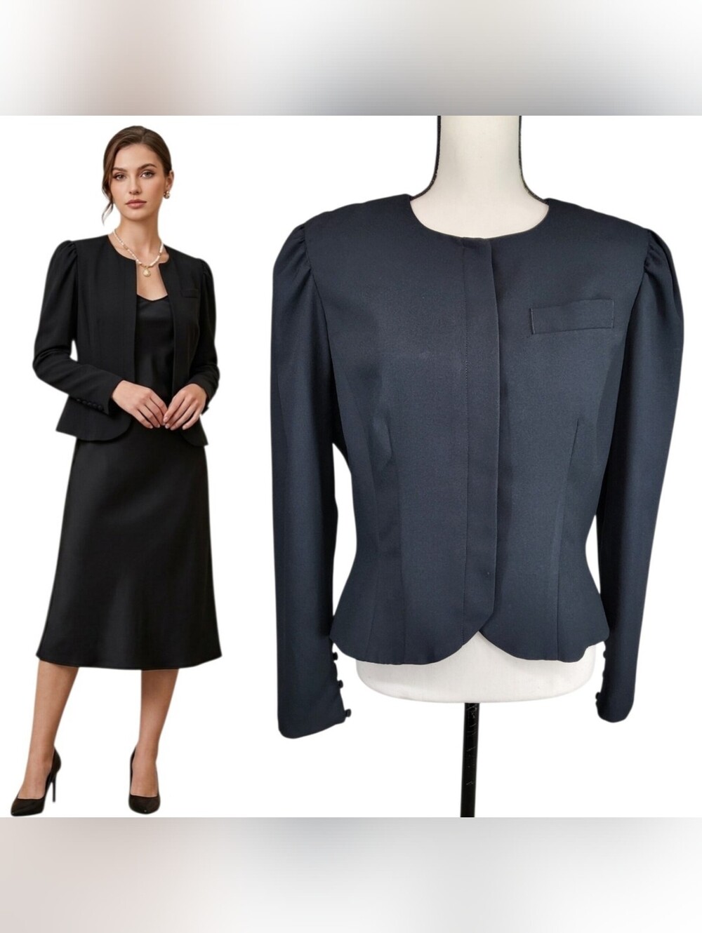 Adrianna Papell Vintage Black Blazer Jacket Puff Sleeve Rayon Formal Crop Sz 12